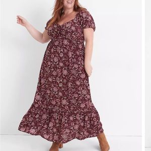 Bubble-Sleeve Tie-Neck Tiered Midi Dress